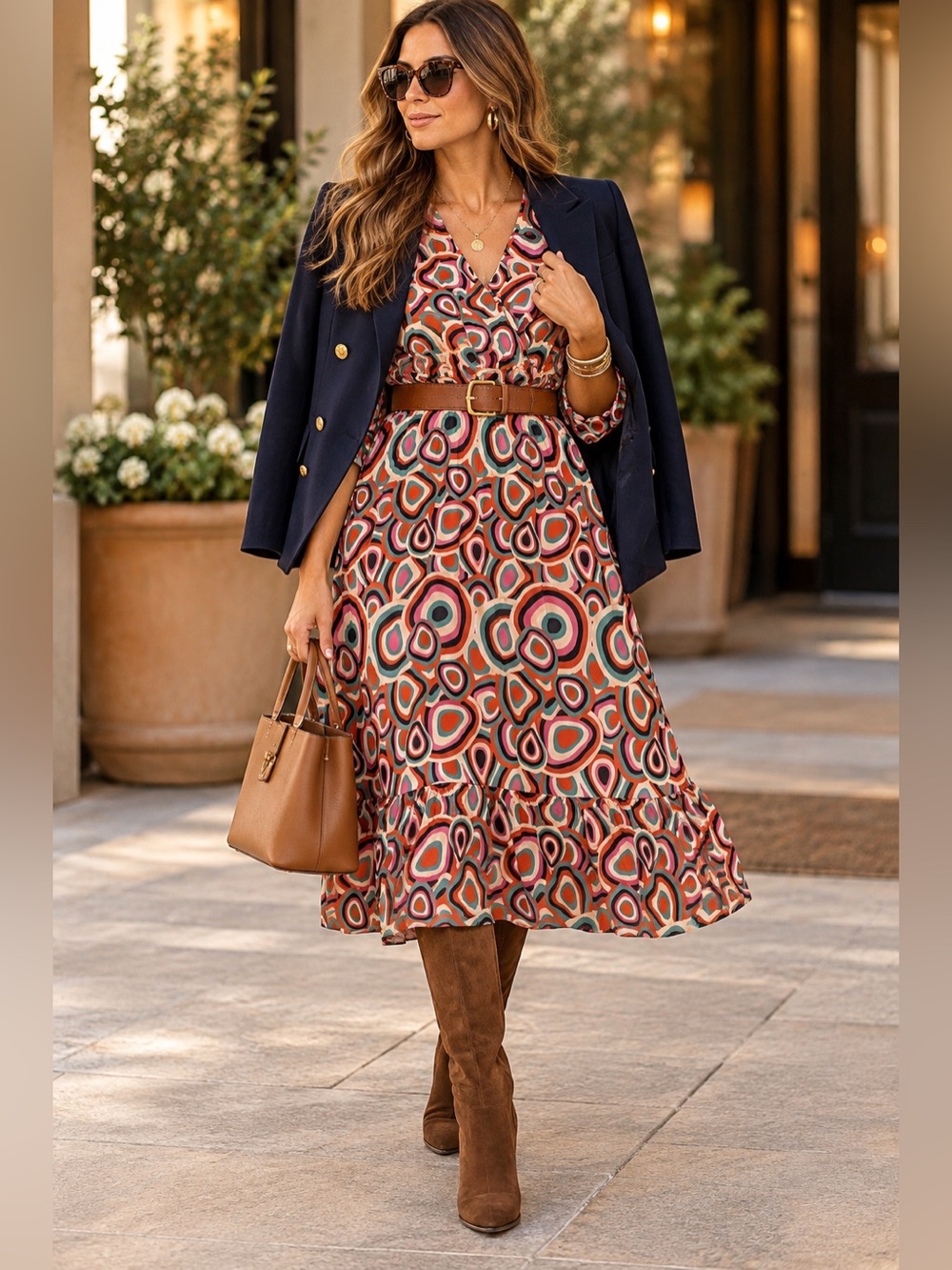 Boho Midi Dress Women’s Large Abstract Print V-Neck Flutter Sleeve Fall Autumn